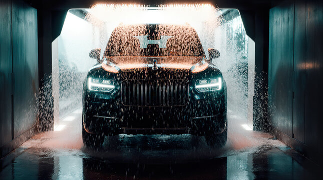 Black SUV exits a car wash with water spraying around it and bright lights