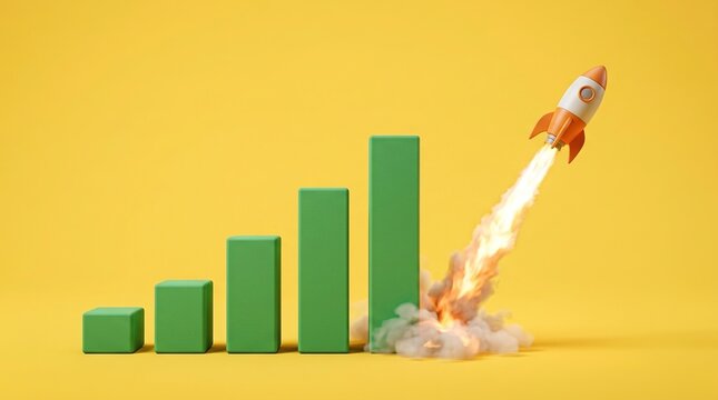Cartoon rocket blasting off from highest green bar of growing graph chart with bright fiery exhaust against vibrant yellow background, business progress concept.