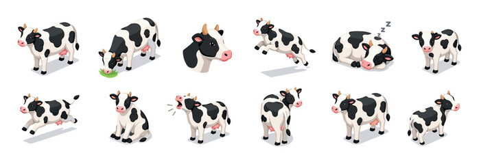 Fototapeta premium Black and white dairy cows in various poses including standing, grazing, jumping, sleeping, and mooing isometric vector illustration set