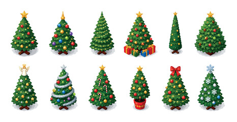 Obraz premium Christmas trees decorated with stars, ornaments, lights, gifts, and candy canes, presented as an isometric vector illustration set