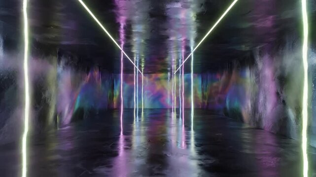 Abstract Neon Tunnel with Reflective Floor and Fog.