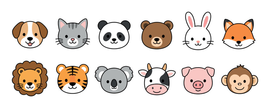 Dog cat panda bear rabbit fox lion tiger koala cow pig monkey animal faces vector illustration set