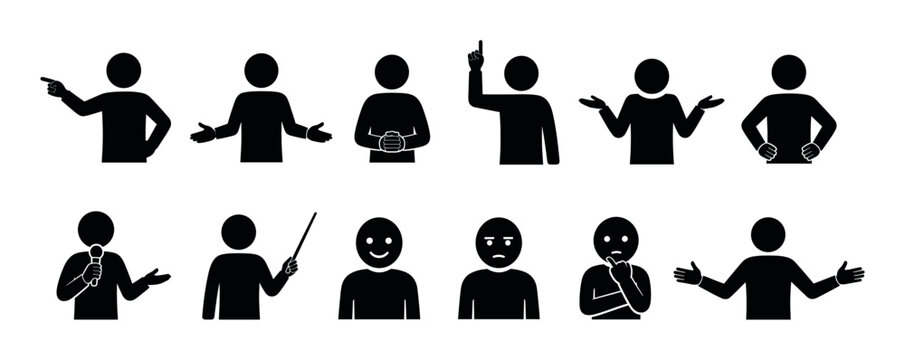 People stick figures showing various gestures and emotions like pointing, speaking, thinking, and happiness, flat design icon set