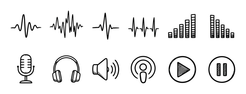 Sound wave microphone headphone speaker podcast play pause icons doodle hand drawn style vector illustration