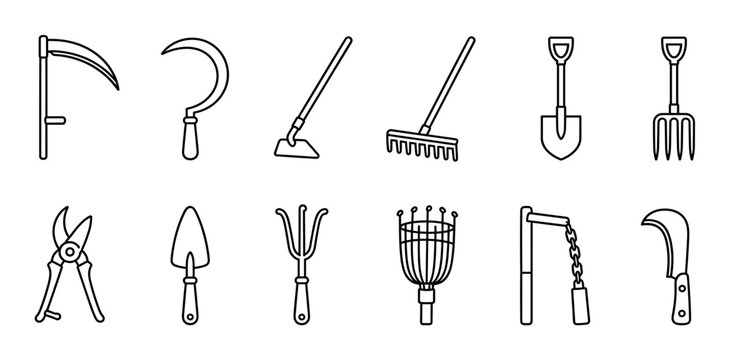 Scythe, sickle, hoe, rake, shovel, pitchfork, pruners, trowel, cultivator, fruit picker, flail, billhook farming tools line icon set