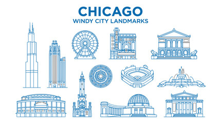 Obraz premium Chicago windy city landmarks illustration with famous buildings and attractions vector