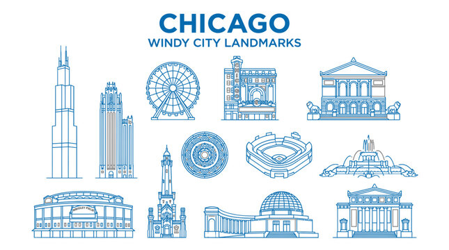 Chicago windy city landmarks illustration with famous buildings and attractions vector