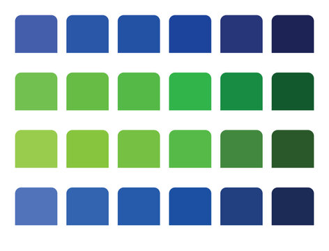 A vibrant collection of blue and green squares, arranged in rows, showcasing a spectrum of calming and refreshing shades for design inspiration