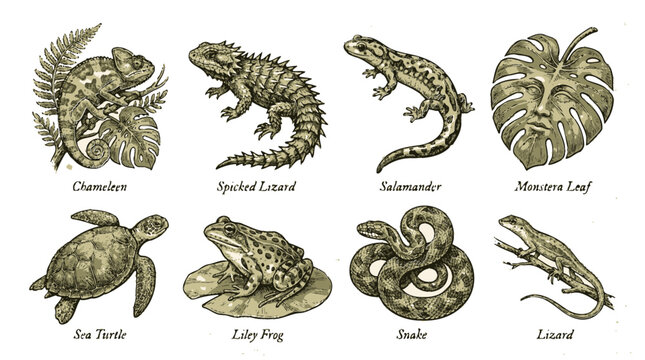 Collection of various reptiles and amphibians on vector