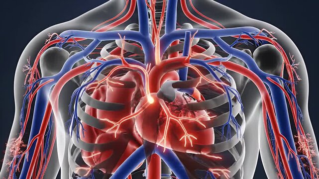Detailed Human Cardiovascular System Illustration - This video depicts a detailed illustration of the human cardiovascular system, highlighting the heart, arteries, and veins.