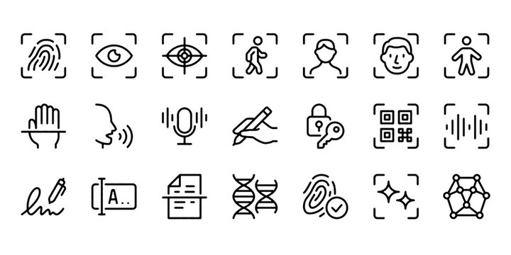 Biometric Security and Identity Verification Line Icons Set. Fingerprint, Retina Scan, Facial Recognition, DNA, Voice Authentication and Access Control Vector Illustration Collection.