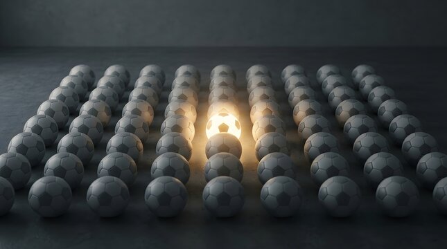 Soccer ball shining among many other balls. concept of leadership, success, difference.