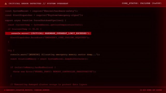 Critical Error Detected System Overheat Mainframe Monitor Displaying Kernel Panic Memory Controller Unresponsive Warning Script Logging Red HUD Screen.