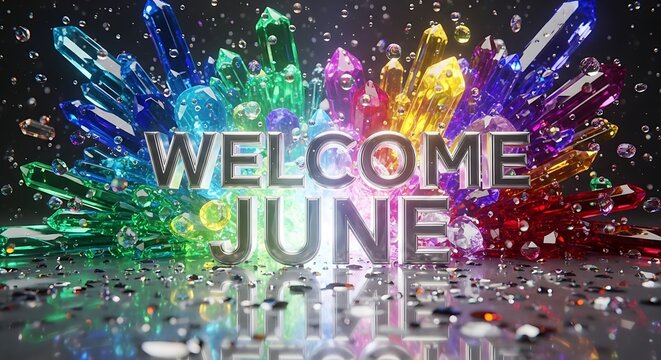 Colorful fireworks display with welcome june text and floral design.