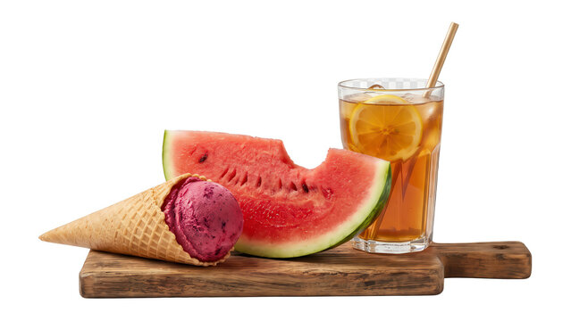 Watermelon slice, ice cream cone, and iced tea drink isolated on transparent background