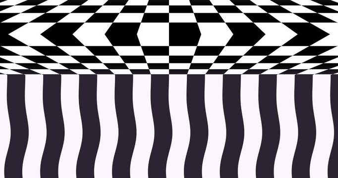 Black and white op art checkerboard pattern looping animation with glitch distortion effect