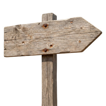 Weathered wooden arrow sign pointing right isolated on transparent background