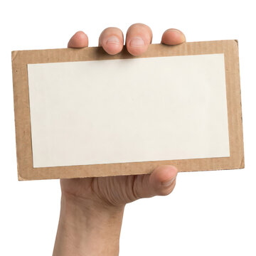 Hand holding blank rectangular cardboard sign isolated on transparent background