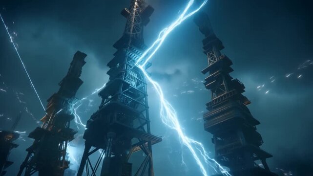 Tracking shot of towering industrial rigs with electrical lightning arcs striking between metal pylons on offshore platform during stormy night