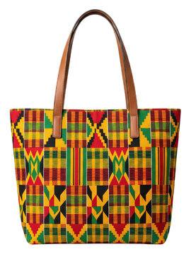 Kente print tote bag with brown leather straps isolated on transparent background