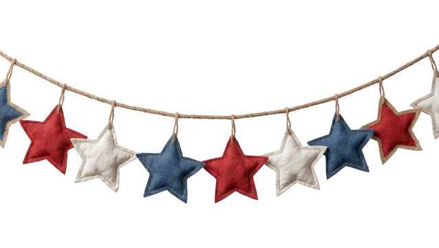 Red white and blue fabric star garland isolated on transparent background