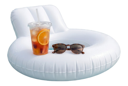 White inflatable pool float with a drink and sunglasses isolated on transparent background