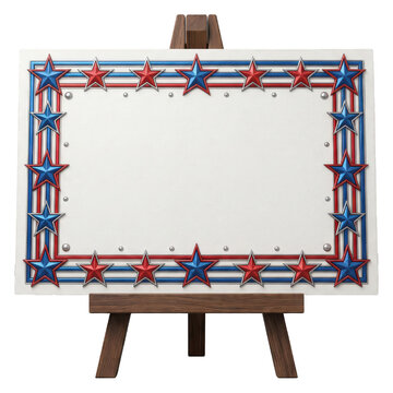 Red and blue stars border frame on easel isolated on transparent background