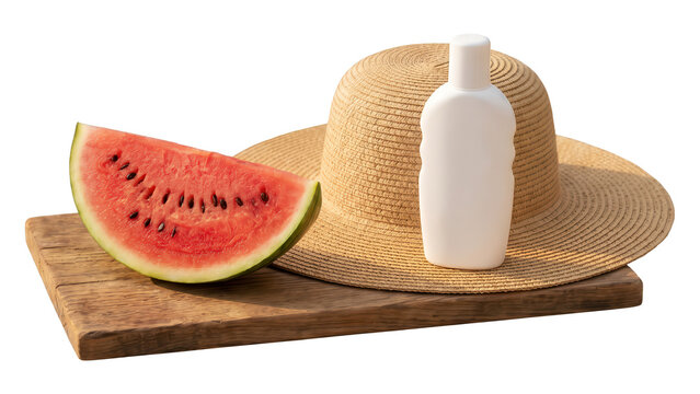 Watermelon slice and straw hat with sunscreen bottle isolated on transparent background