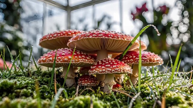Closeup of cluster of red and white spotted Amanita muscaria mushrooms growing in mossy forest floor.