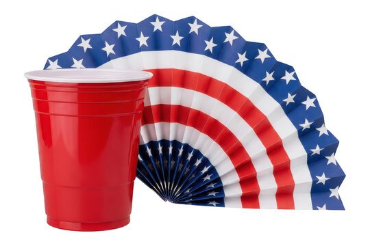 Red plastic party cup with American flag fan isolated on transparent background