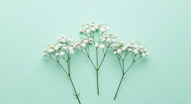 Minimalist gypsophila flowers on mint green background, delicate white baby's breath floral stems, elegant spring botanical flat lay for wedding stationery