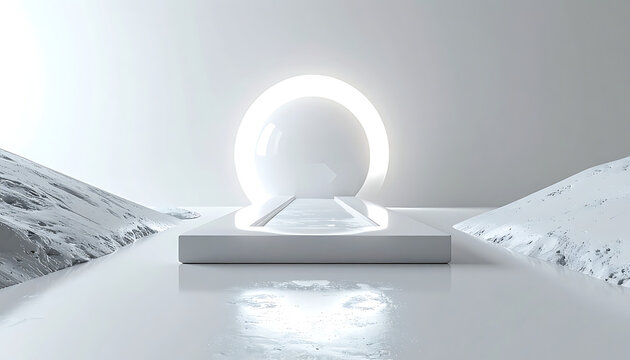 Abstract glowing sphere on a podium with reflective surface and scattered particles, futuristic sci-fi portal or gateway concept, clean minimalist design