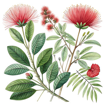 Red powder puff flowers and green leaves illustration with red flower, botanical