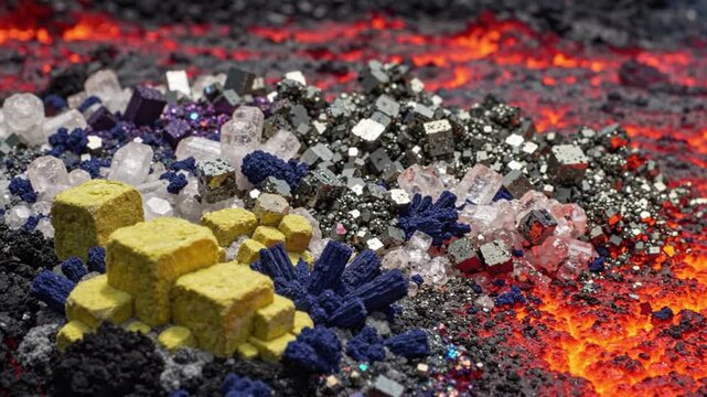 Close-up of colorful mineral crystals on glowing lava background