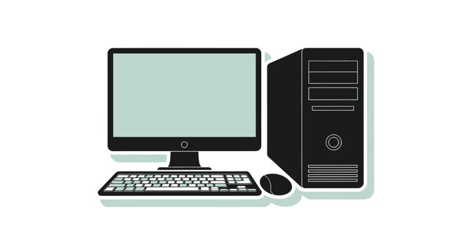 Desktop Computer Icon Set: Monitor, Keyboard, Mouse, and Tower Unit