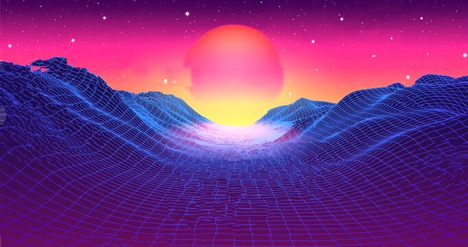 Retro synthwave 3D wireframe landscape with glowing sun setting over blue grid mountains and starry pink sky