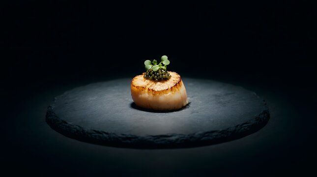 Single seared scallop topped with caviar and microgreens on a dark slate plate.