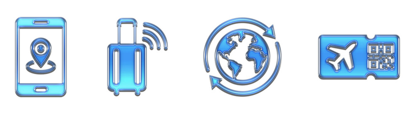 Digital travel smartphone location, wi fi suitcase, global connection, and airplane ticket. 3d glossy effect icon set. png transparent