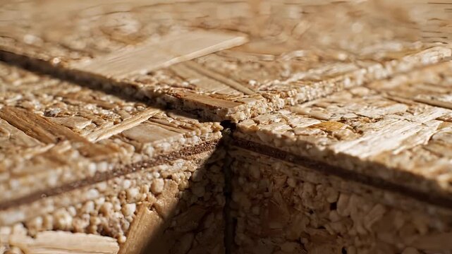 Closeup of stacked OSB wood panels showing texture and grain.
