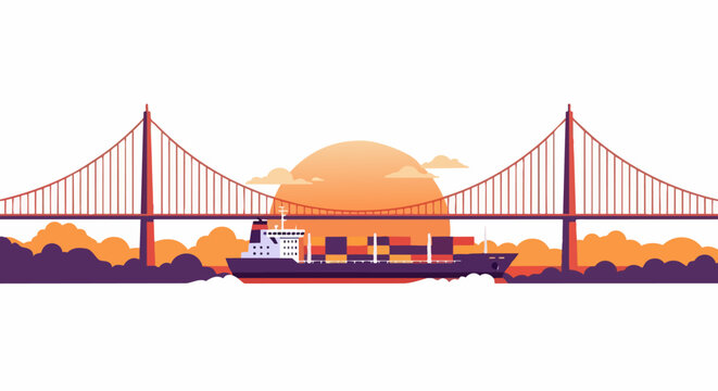 Flat Vector Illustration of a Cargo Container Ship Passing Under a Suspension Bridge at Sunset; Concept for Global Trade, Maritime Logistics, and Transportation.