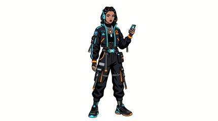 Obraz premium Futuristic cargo fashion character with cropped bomber jacket and glowing accessories. Stylish urban vector illustration for modern streetwear and youth culture concepts