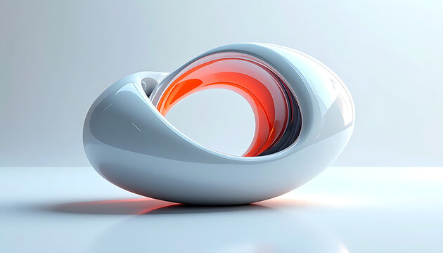 Abstract M?bius strip shape with glowing orange interior on a clean reflective surface, representing infinity and endless loops, future technology concepts