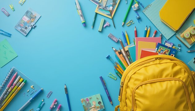 Yellow school backpack filled with colorful stationery on a blue background, top view flat lay composition, vibrant back-to-school concept with notebooks, pencils, and paper clips