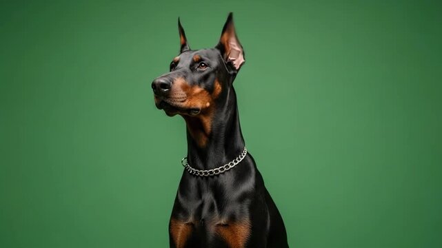 Elegant black doberman with a sleek chain collar against green backdrop