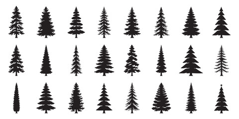 Fototapeta premium Pine tree icon set with fir and Christmas tree black and white vector illustration. Trees silhouette vector set with pine forest horizon line. Diverse tree silhouettes collection vector illustration
