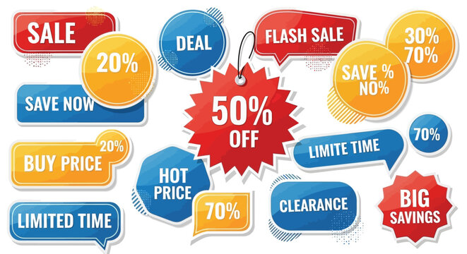 Sale and Discount Tags - 50% Off, Clearance, Big Savings, Limited Time Offers