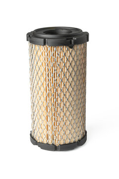New air filter cartridge for a diesel lawn mower tractor engine, close-up, isolated on white background.