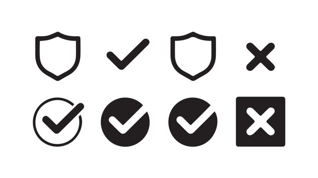 A Set of Eight Minimalist Icons Checkmarks, Shields, and Crosses for Approval and Rejection