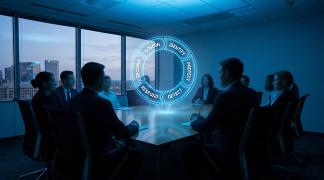 Business Executives in Office Boardroom Discussing Cybersecurity Strategy and Risk Management Framework
