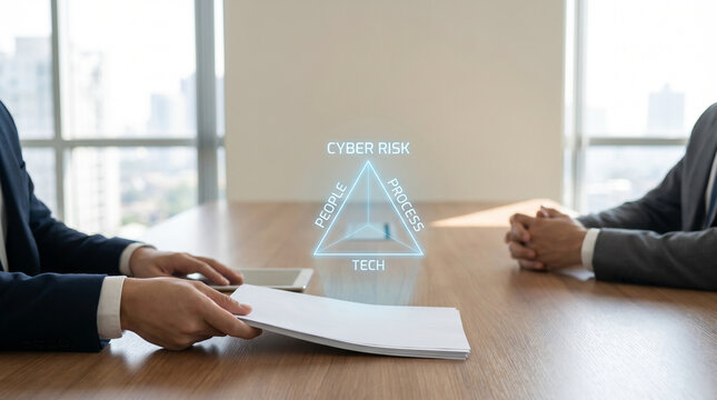 Business Professionals Discussing Cyber Risk Management Framework with Holographic Display in Modern Office